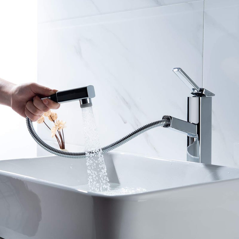 KAIYING Pull Down Bathroom Sink Faucet, Modern Lavatory Vessel Sink Faucet, Utility Single Hole Bathroom Sink Faucet with Pull Out Sprayer, Commercial Basin Mixer Tap (Tall, Black) - Image 1